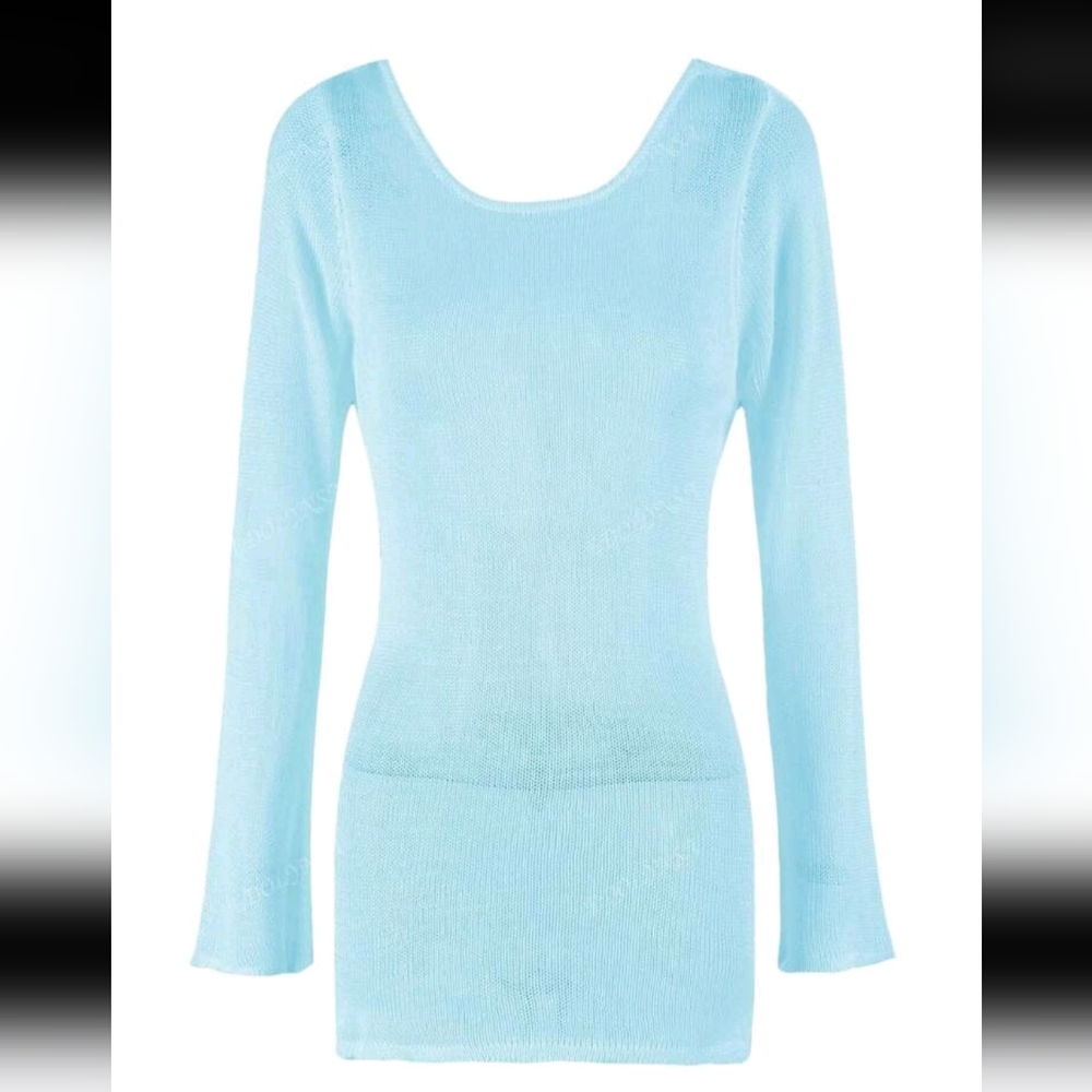 Sexy Backless Bell Sleeve Summer Seaside Women's Solid Knit Beach Mini Dress - Picture 5 of 7